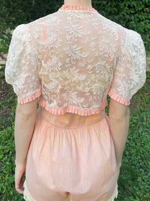 1930s Tambour Lace Bolero Leaf Embroidery Cream Peach Trim