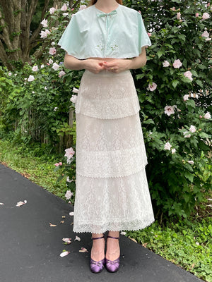 1930s Light Blue Green Cotton Embroidered Floral Cape Lace Trim