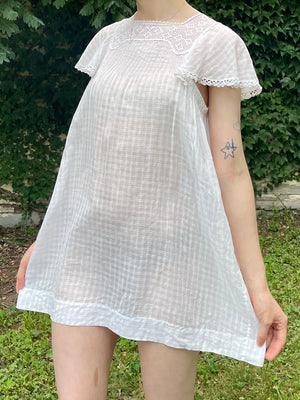 1920s White Cotton Windowpane Mini Dress Crochet Yoke