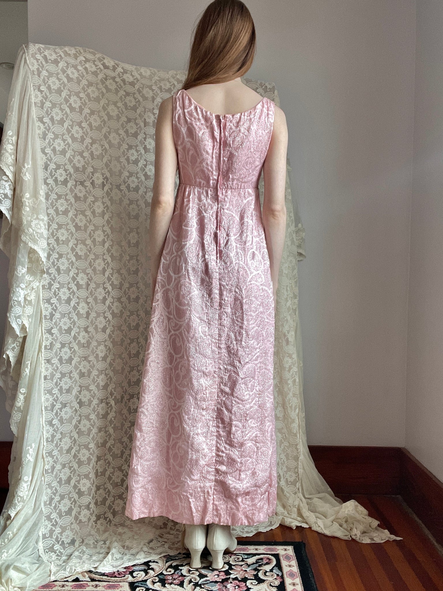 1970s Light Pink Sparkle Lurex Empire Waist Dress
