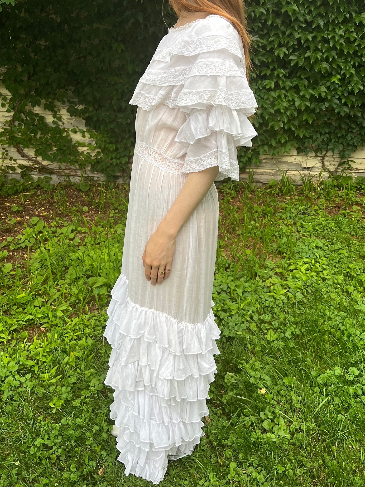 1910s White Cotton Ruffle Tiered Lace Dress