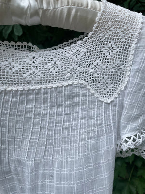 1920s White Cotton Windowpane Mini Dress Crochet Yoke