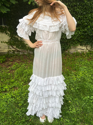 1910s White Cotton Ruffle Tiered Lace Dress