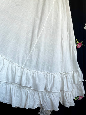 1900s White Cotton Skirt Petticoat Ruffle Hem Drawstring Ribbon Waist