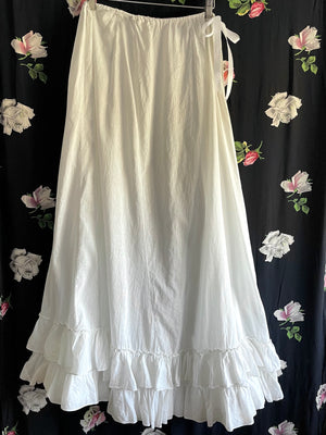 1900s White Cotton Skirt Petticoat Ruffle Hem Drawstring Ribbon Waist