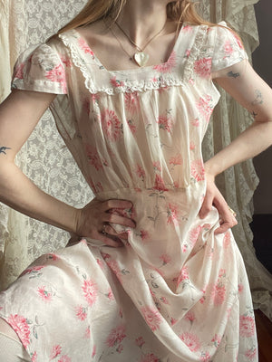 1930s Pink Floral Print Cotton Bias Cut Slip Dress Short Cap Sleeves