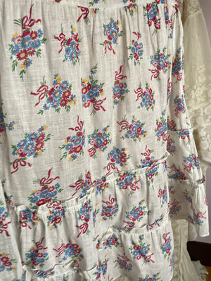 1930s White Cotton Floral Bouquet Printed Dress Puff Sleeve