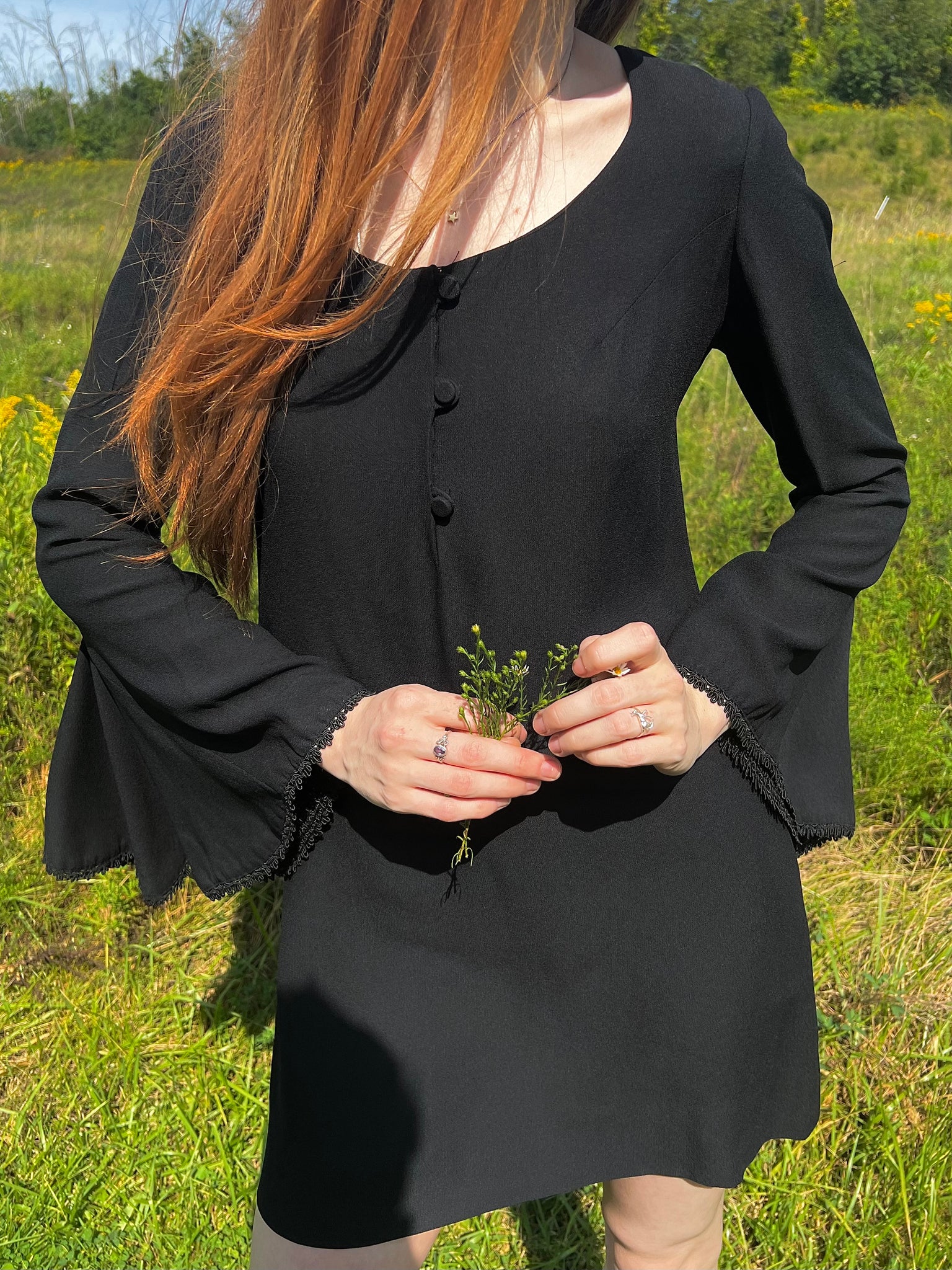1970s Young Edwardian Black Crepe Bat Wing Sleeve Mini Dress Lace Trim Breath Of the Earth 1970s Young Edwardian Black Crepe Bat Wing Sleeve Mini Dress Lace Trim Breath Of the Earth
