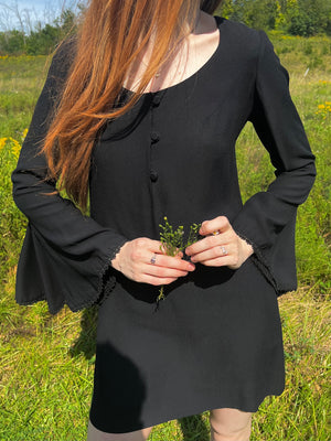 1970s Young Edwardian Black Crepe Bat Wing Sleeve Mini Dress Lace Trim Breath Of the Earth 1970s Young Edwardian Black Crepe Bat Wing Sleeve Mini Dress Lace Trim Breath Of the Earth
