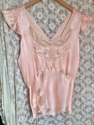 1940s Peach Satin Rayon Lace Embroidered Blouse