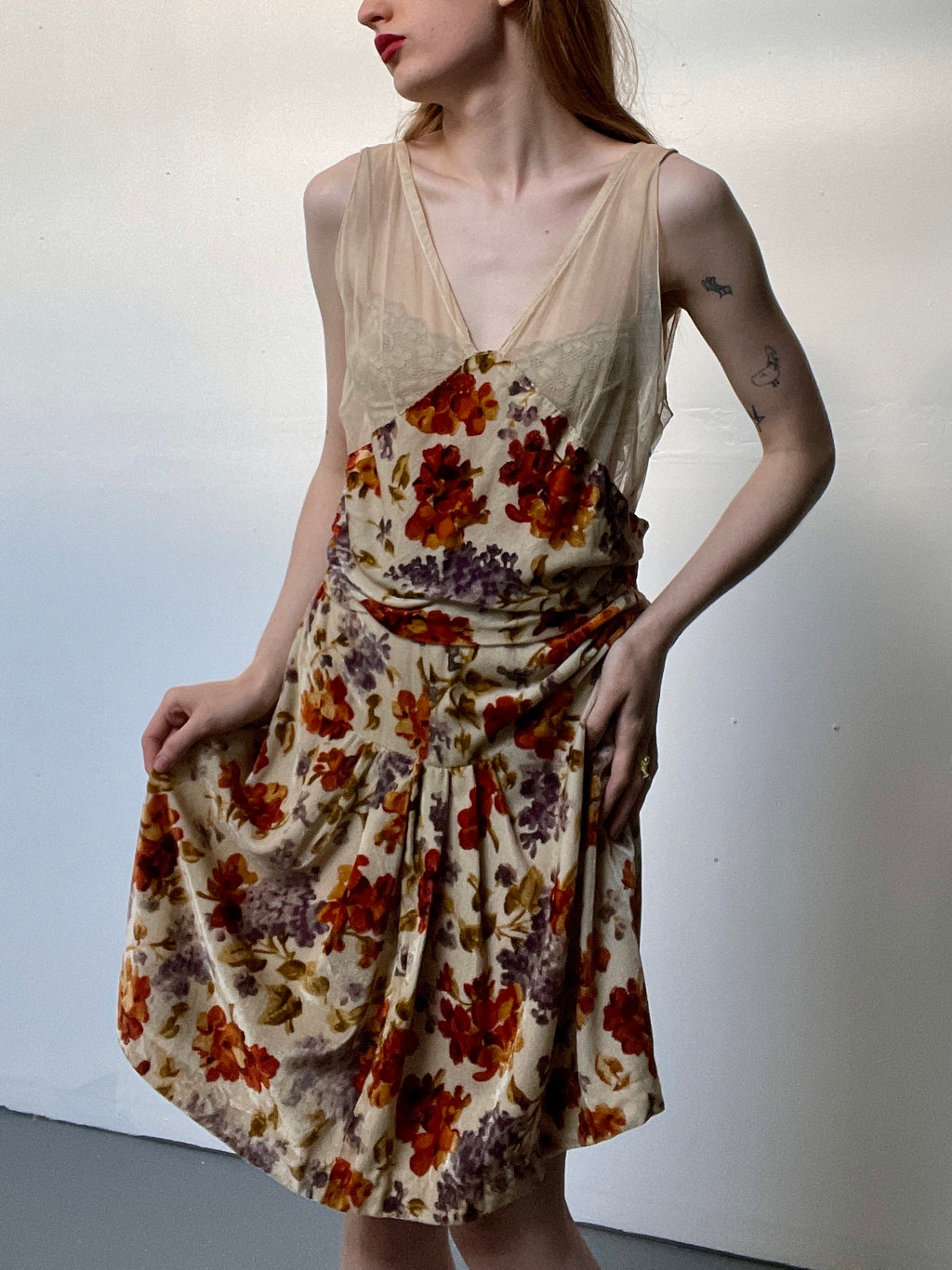 1930s Silk Velvet Net Dress Cream Orange Floral Sheer