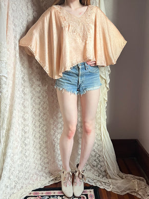 1930s Floral Brocade Peach Silk Lace Cape