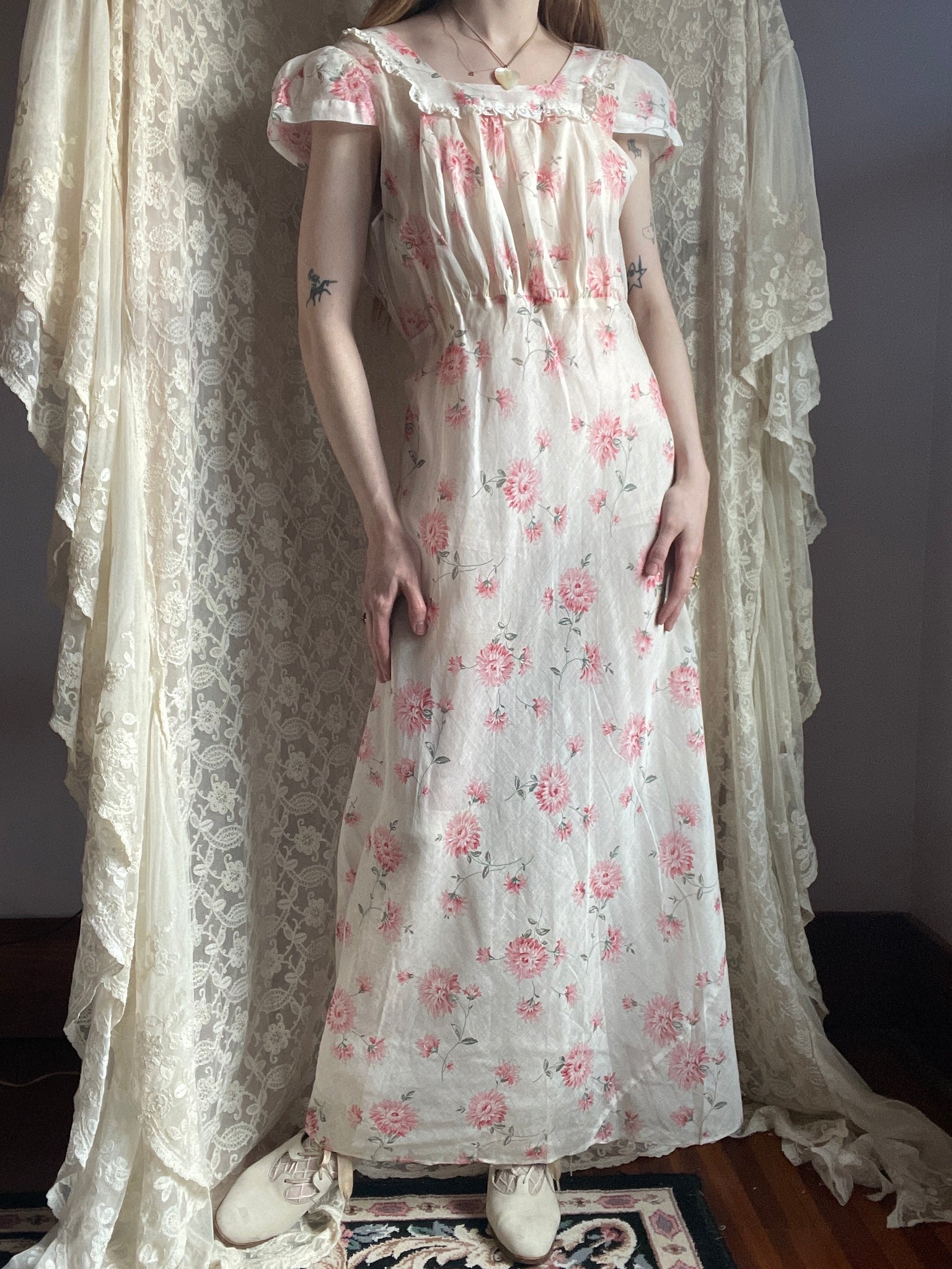 1930s Pink Floral Print Cotton Bias Cut Slip Dress Short Cap Sleeves Breath Of the Earth 1930s Pink Floral Print Cotton Bias Cut Slip Dress Short Cap Sleeves Breath Of the Earth