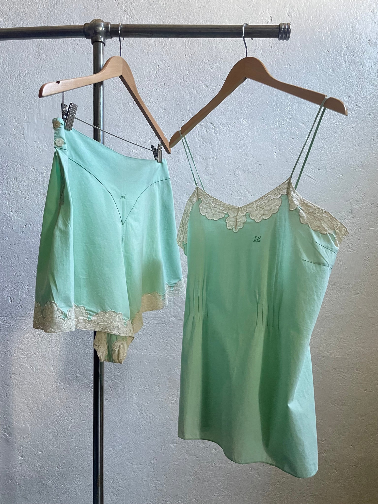 1930s Cotton Mint Green Top and Shorts Set Monogram Lace