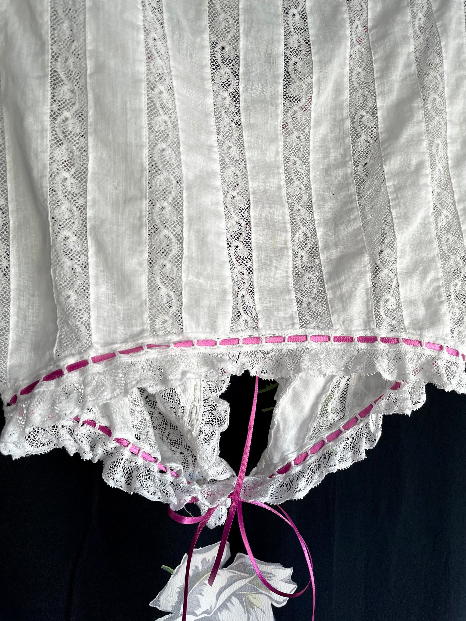 1900s White Cotton Corset Cover Insert Lace Trim Fuchsia Pink Ribbon