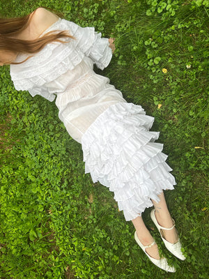 1910s White Cotton Ruffle Tiered Lace Dress