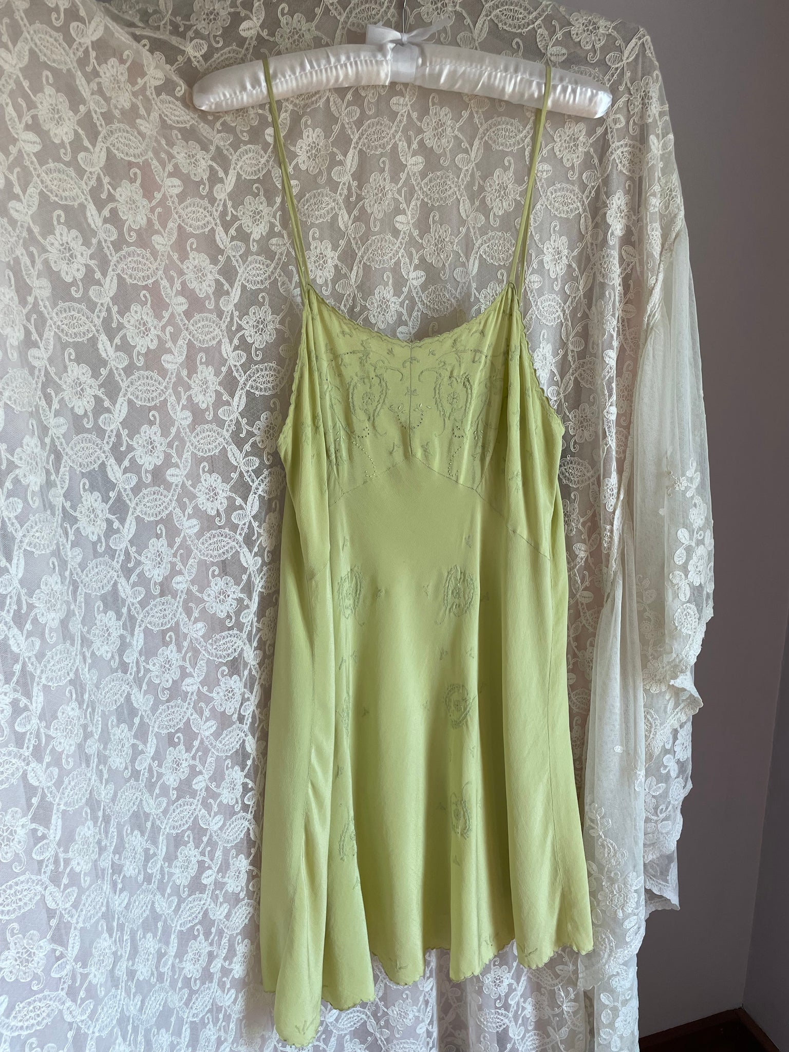 1930s Chartuese Green Silk Hand Embroidered Slip Dress