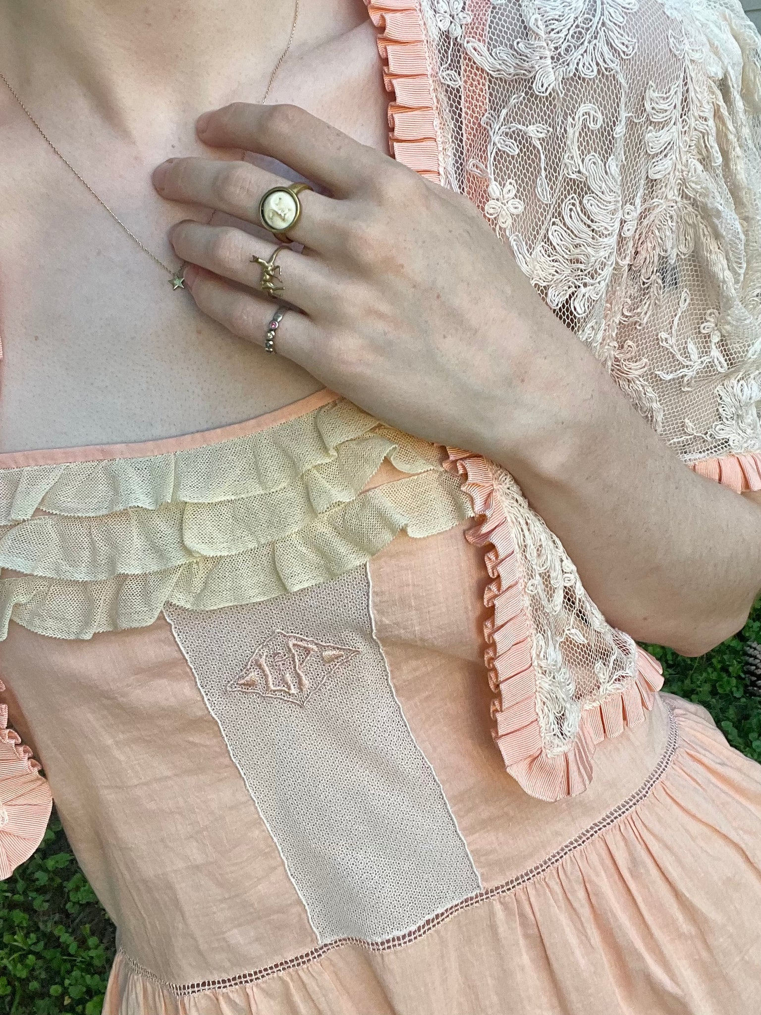 1930s Tambour Lace Bolero Leaf Embroidery Cream Peach Trim