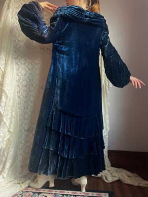 1930s Blue Silk Velvet Opera Coat Ruffle Hem Balloon Sleeve Ruching