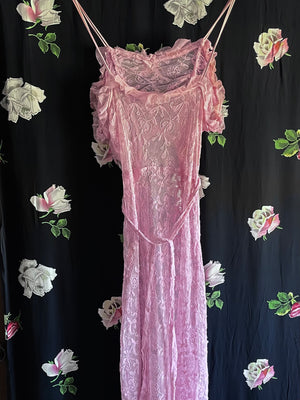 1930s Tambour Lace Embroidered Net Gown Bow Dress Dyed Pink