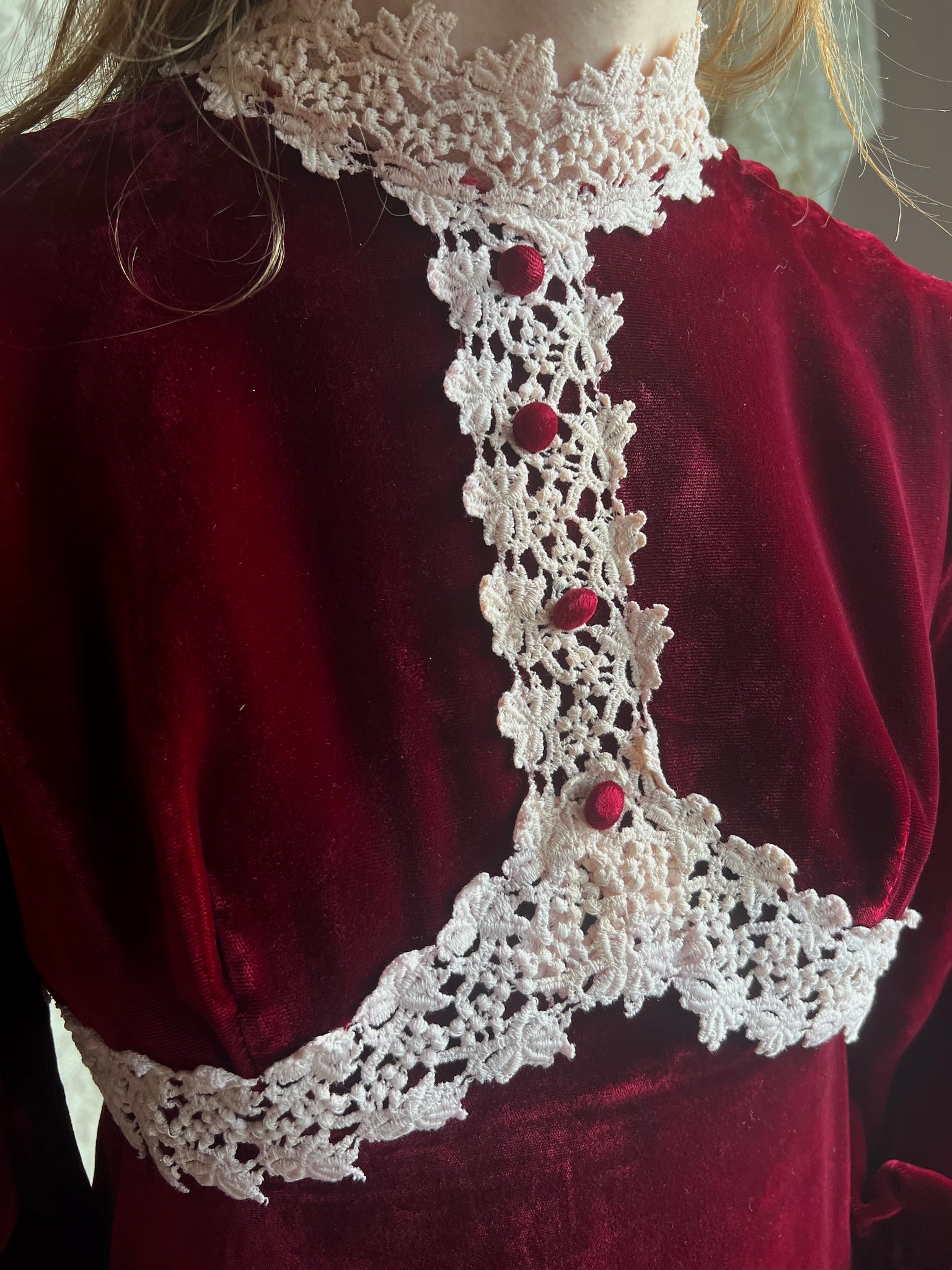 1970s Maroon Velvet Mini Dress Long Sleeves Cream Lace Trim