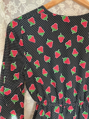 1970s Young Edwardian Strawberry Print Dotted Black Red Cotton Mini Dress