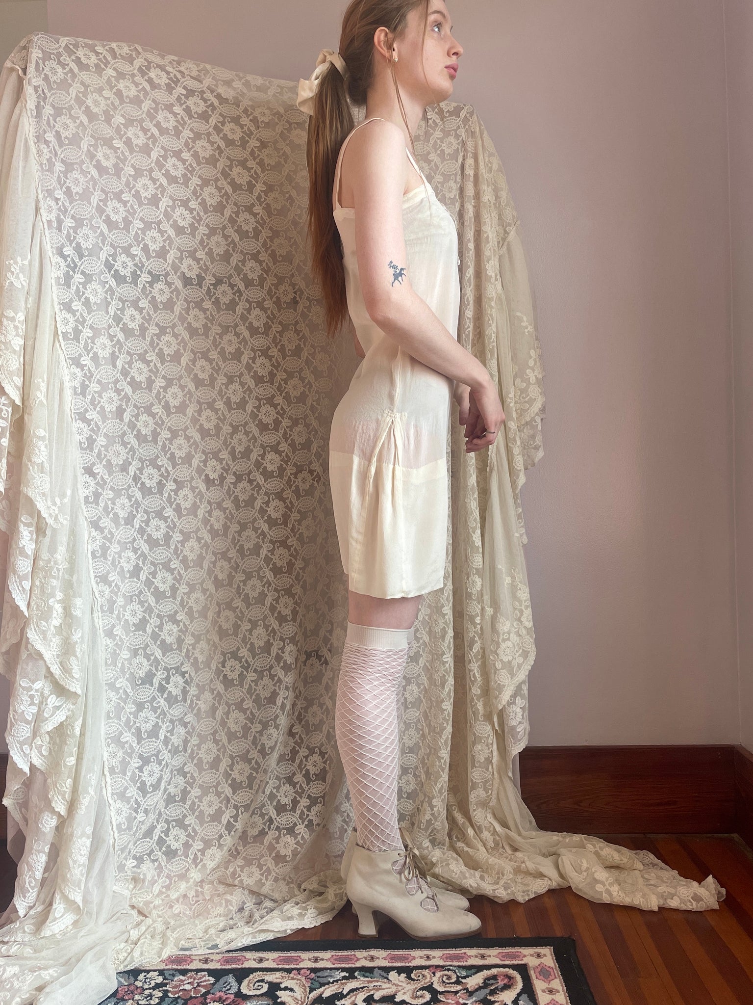 1920s Silk Chiffon Slip Dress Cream Bow Ribbon