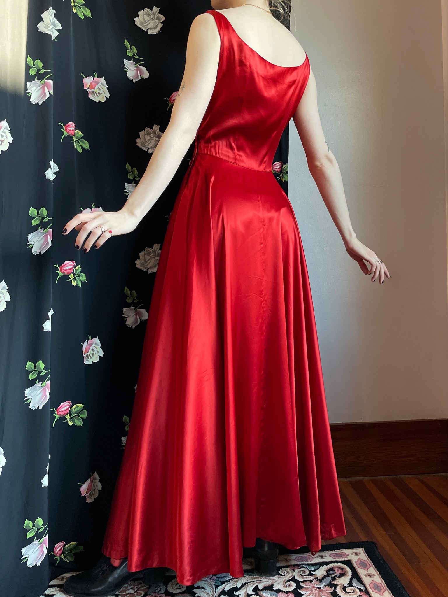 1950s Red Satin Dress Gown Full Circle