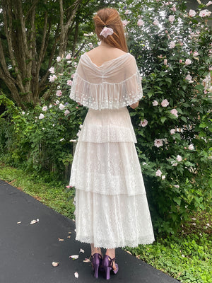 1910s White Mesh Floral Lace Tiered Skirt