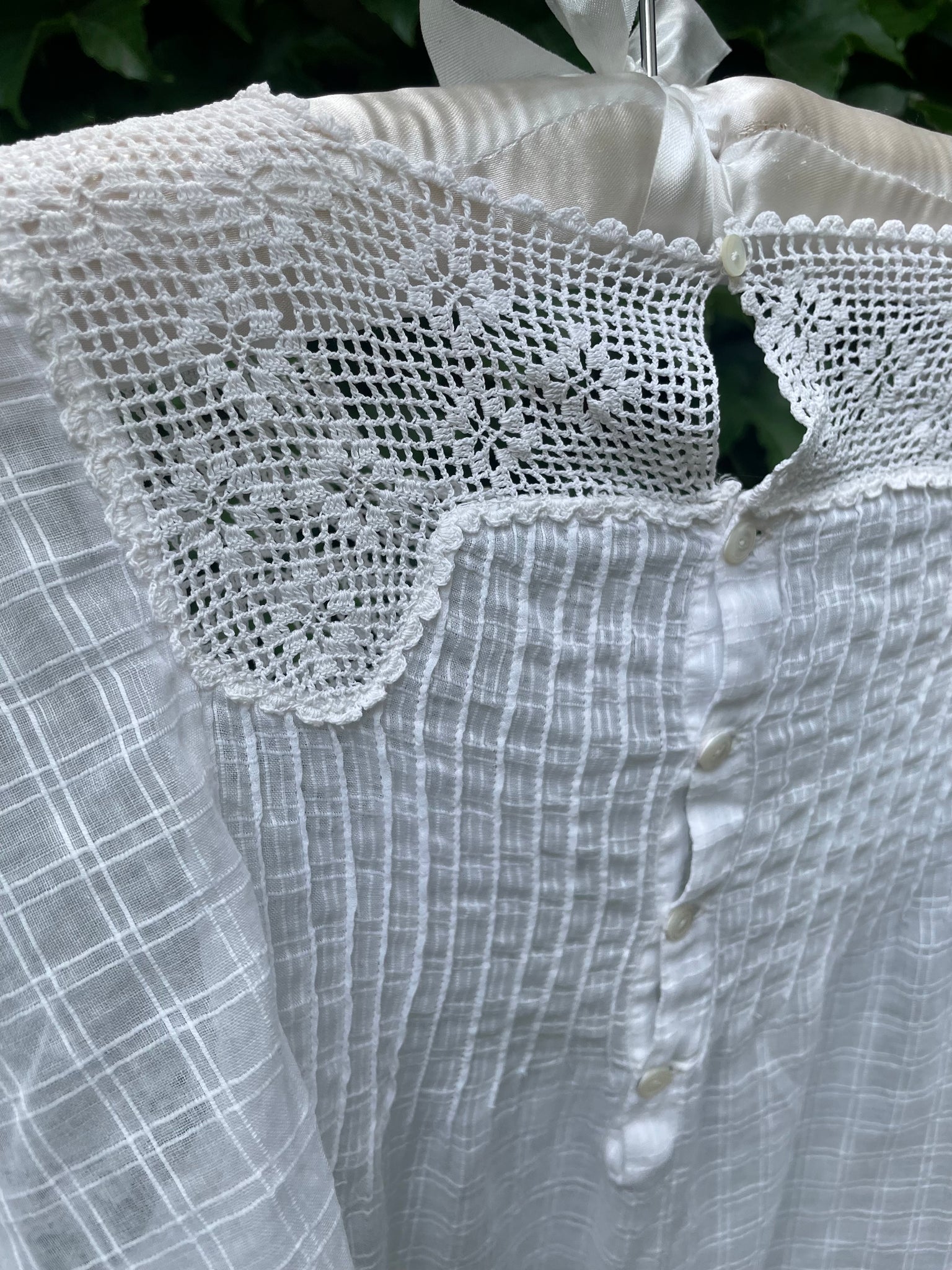 1920s White Cotton Windowpane Mini Dress Crochet Yoke