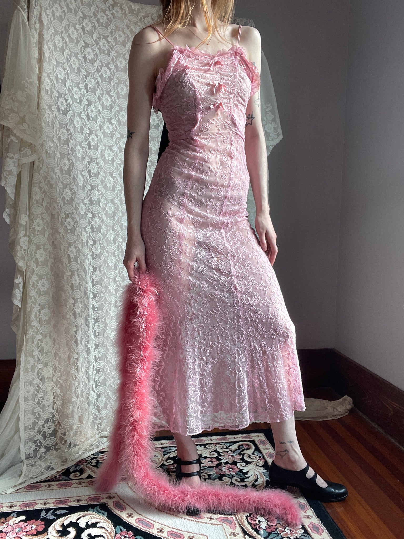 1930s Tambour Lace Embroidered Net Gown Bow Dress Dyed Pink