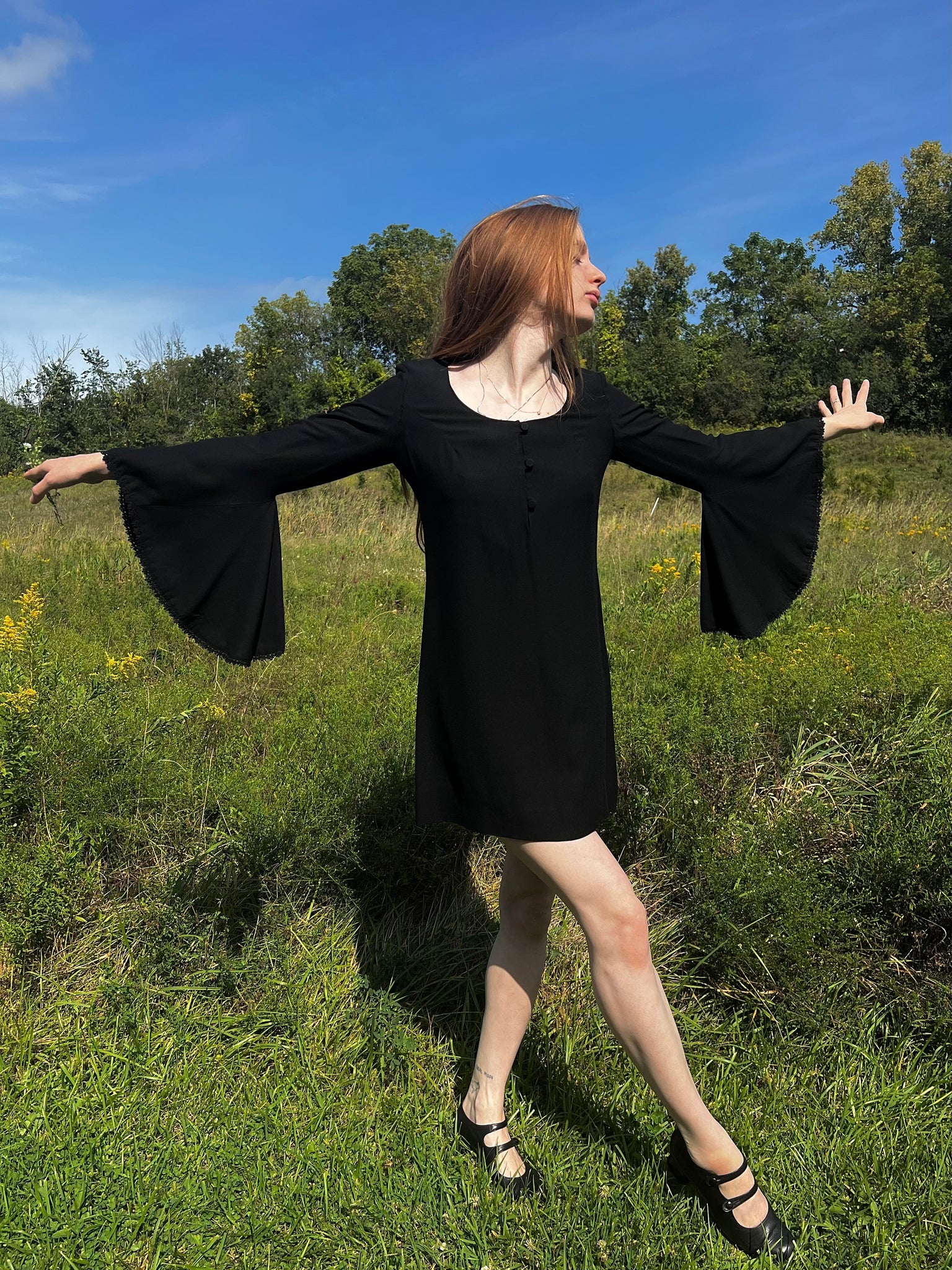 1970s Young Edwardian Black Crepe Bat Wing Sleeve Mini Dress Lace Trim Breath Of the Earth 1970s Young Edwardian Black Crepe Bat Wing Sleeve Mini Dress Lace Trim Breath Of the Earth