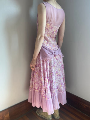 1930s Rose Floral Printed Cotton Bias Cut Dress Gown Bow Purple Yellow