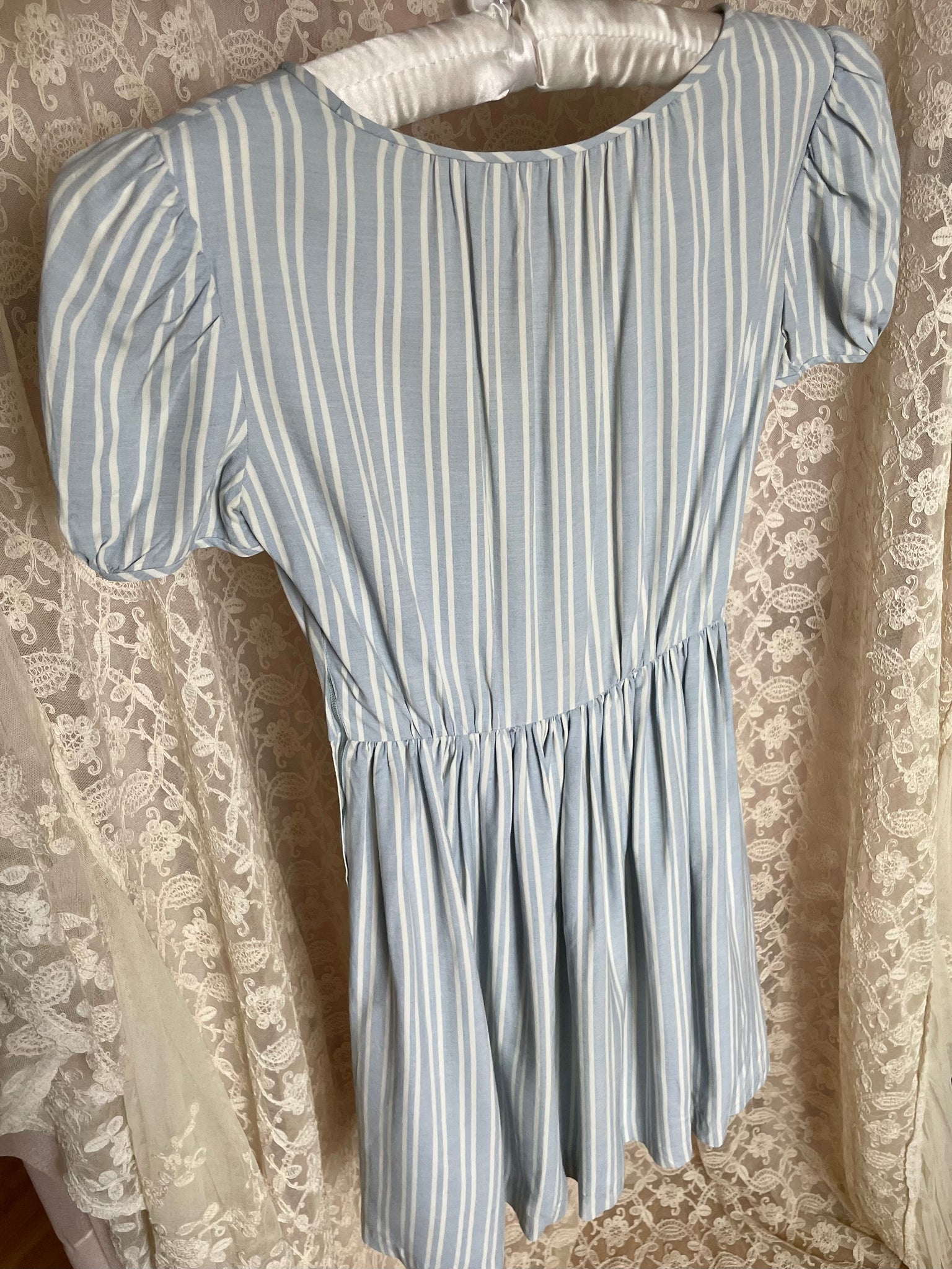 1940s Puff Sleeve Light Blue White Striped Dress