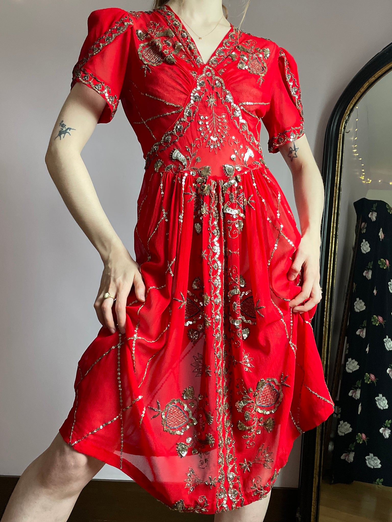 1940s Red Silk Chiffon Sequin Embroidered Dress Tulip Puff Sleeve