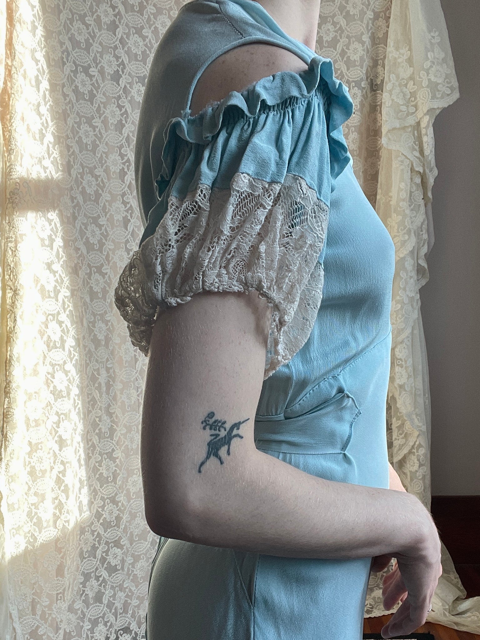 1930s Blue Rayon Crepe Dress Bias Cut Cold Shoulder Puff Sleeve