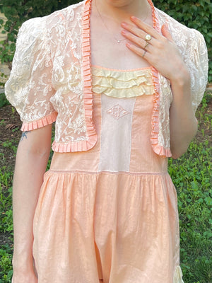 1930s Tambour Lace Bolero Leaf Embroidery Cream Peach Trim