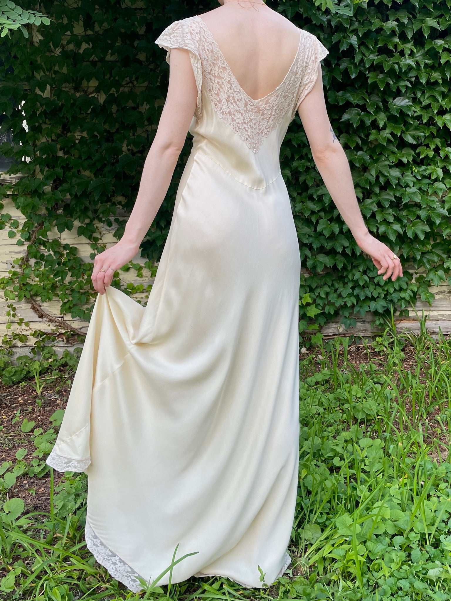 1930s Cream Silk Bias Cut Slip Dress Floral Appliqué