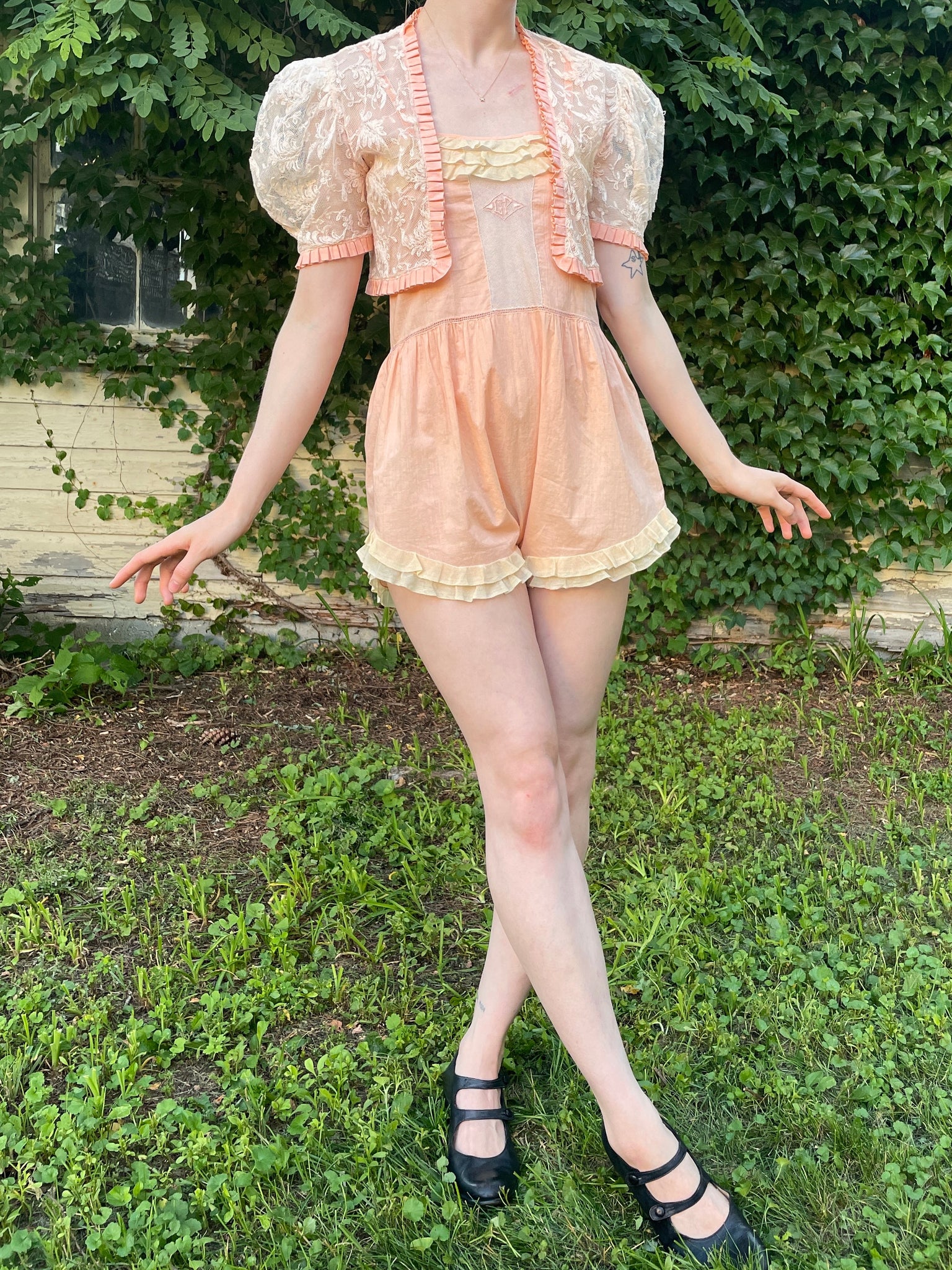 1930s Peach Ruffle Step In Monogram Cotton Teddy