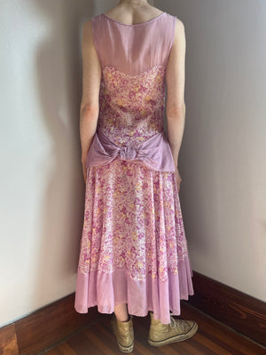 1930s Rose Floral Printed Cotton Bias Cut Dress Gown Bow Purple Yellow