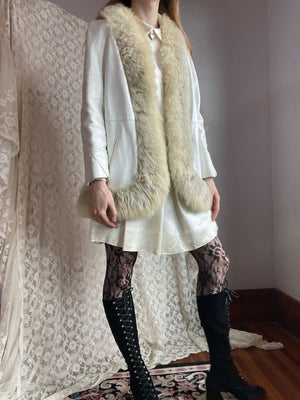 1960s White Leather Fur Coat Trimmed