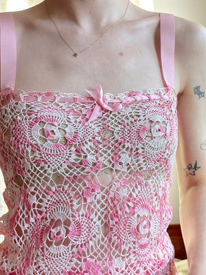 1970s Pink White Crochet Tank Top Ribbon Bow