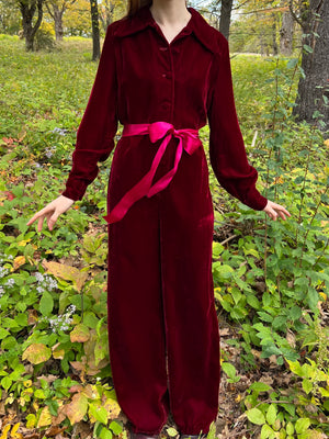 1970s Maroon Red Velvet Jumpsuit Flared Wide Leg Collared