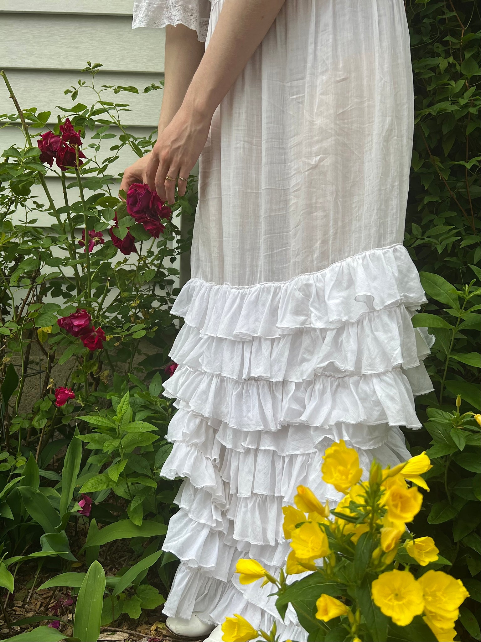 1910s White Cotton Ruffle Tiered Lace Dress