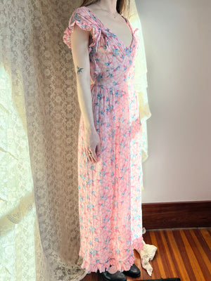 1930s Rose Floral Printed Cotton Ruffle Tie Back Dress