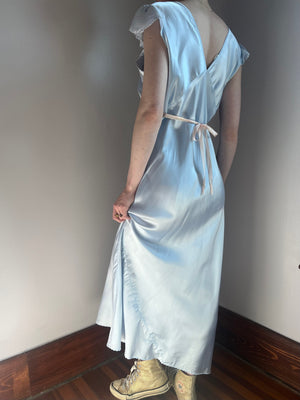 1940s Deadstock Light Blue Rayon Satin Cap Sleeve Pink Ribbon Bow  Bias Cut Dress