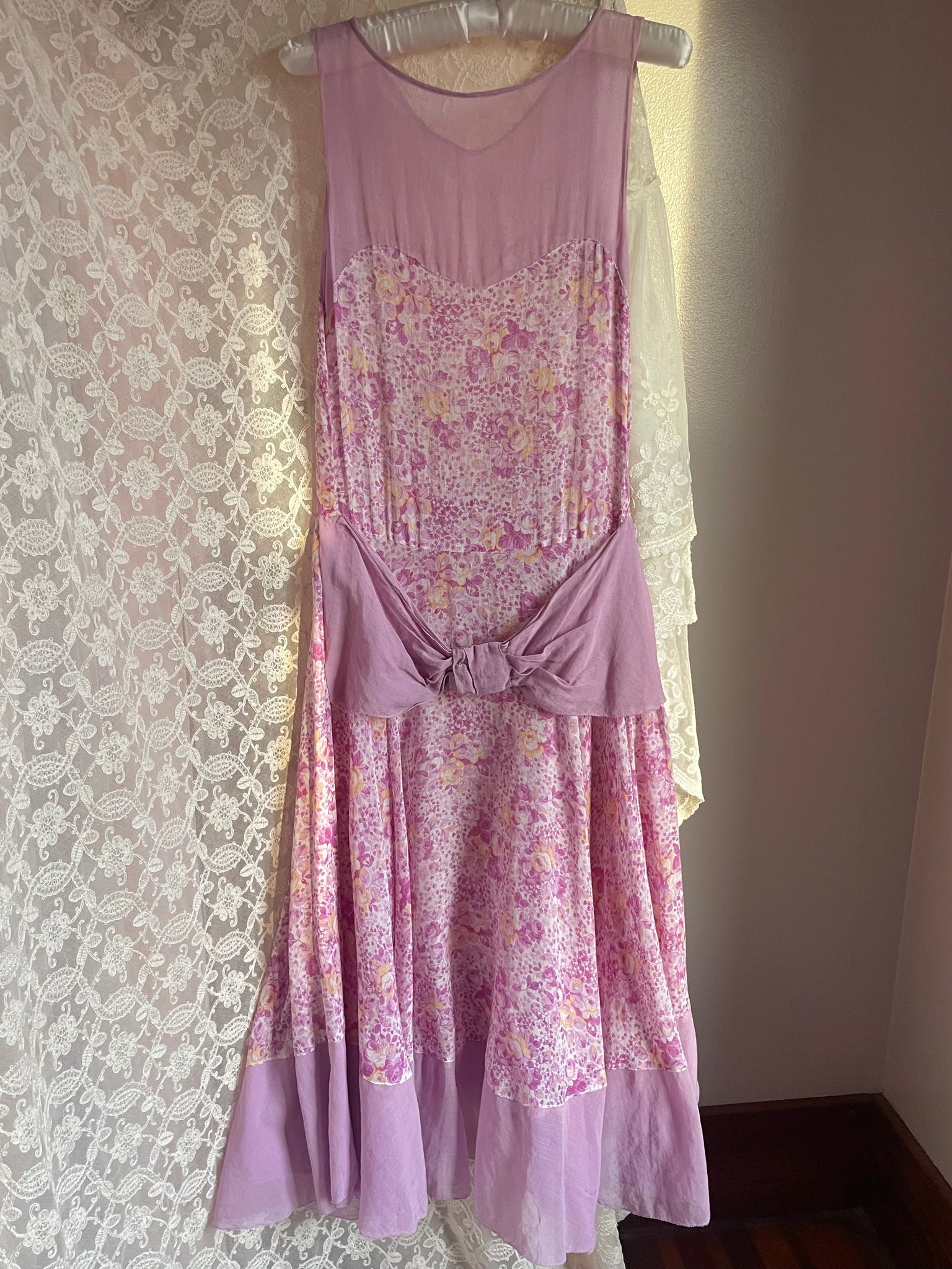 1930s Rose Floral Printed Cotton Bias Cut Dress Gown Bow Purple Yellow
