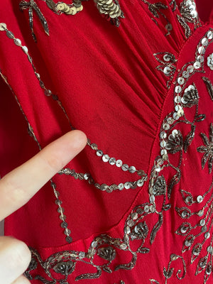 1940s Red Silk Chiffon Sequin Embroidered Dress Tulip Puff Sleeve Breath Of the Earth 1940s Red Silk Chiffon Sequin Embroidered Dress Tulip Puff Sleeve Breath Of the Earth
