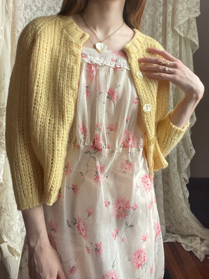 1970s Yellow Wool Cropped Cardigan Knit Sweater