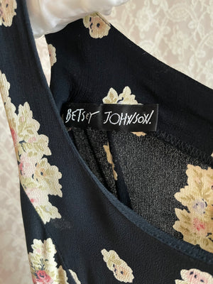 1990s Betsey Johnson Floral Print Black Rayon Mini Dress Lace Up Bow Back